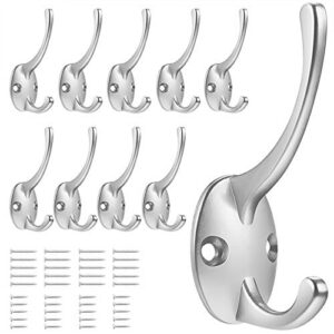 coranso 10pack silver zinc die cast coat hooks with 48 screws wall mounted double rustic metal two prongs hanger heavy duty bathroom closet robe hook for towel,key,hat