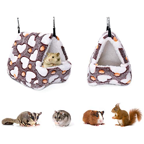 Petmolico Winter Warm Plush Guinea Pig Tent Bed, Small Pet Hanging Hammock Bed Nest Cage Accessories Hamster Bedding Hideout Playing Sleeping, Brown Heart - Medium Size