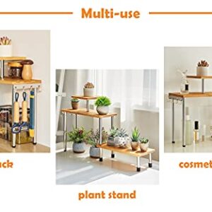 PETUPPY 3 Tier Corner Shelf-Bamboo & Metal Spice Rack with Hooks-Desk Bookshelf Display Shelves Space Saving Organizer,Freestanding Countertop Display Shelves for Bathroom & Office