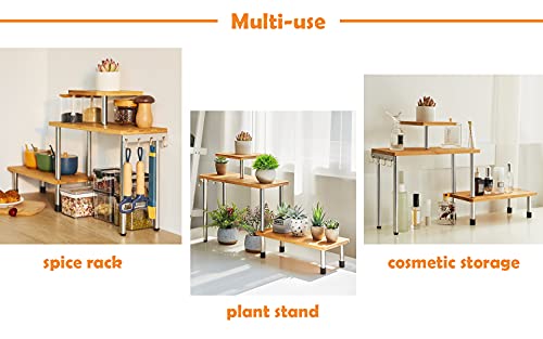 PETUPPY 3 Tier Corner Shelf-Bamboo & Metal Spice Rack with Hooks-Desk Bookshelf Display Shelves Space Saving Organizer,Freestanding Countertop Display Shelves for Bathroom & Office