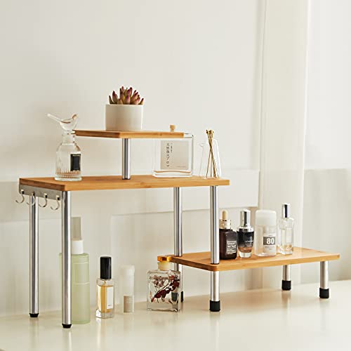 PETUPPY 3 Tier Corner Shelf-Bamboo & Metal Spice Rack with Hooks-Desk Bookshelf Display Shelves Space Saving Organizer,Freestanding Countertop Display Shelves for Bathroom & Office