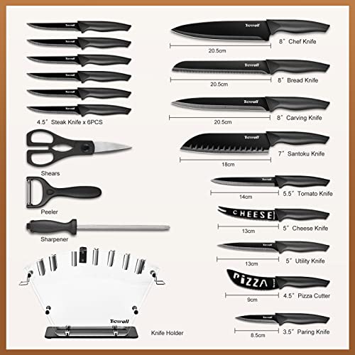 Knife Set 19 Pieces TICWELL Kitchen Black Knife Set with Acrylic Premium 13 Carbon with Scissors &Peeler &Knife Sharpener