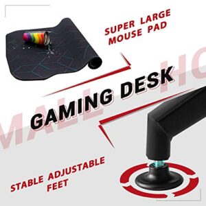 Homall 60 Inch Computer Gamer Desk with Full Desk Mouse Pad, Carbon Fiber Surface PC Table Adjustable Height, Gaming Rack, Headphone Hook and Cup Holder(Black)