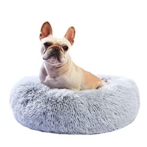 Liaamskin Fluffy Calming Donut Round Dog Bed Shag Lux Plush Cat Bed Self Warming Indoor Sleeping for Small Cat Dog19.7’’X19.7’’ Grey Ombre Clearance