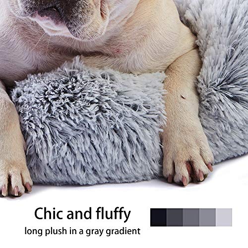 Liaamskin Fluffy Calming Donut Round Dog Bed Shag Lux Plush Cat Bed Self Warming Indoor Sleeping for Small Cat Dog19.7’’X19.7’’ Grey Ombre Clearance