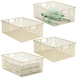 mdesign metal wire bathroom storage basket organizer with handles - organize master/guest bathrooms, linen, hallway, or entryway closets, bedroom, laundry room, concerto collection, 4 pack, soft brass