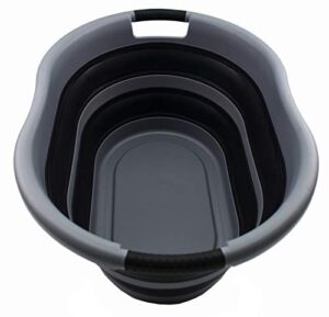 sammart 36l (9.5 gallon) collapsible plastic laundry basket - oval tub/basket - foldable storage container/organizer - portable washing tub - space saving laundry hamper, water capacity: 28l (7.4 gallon) (1, grey/black)