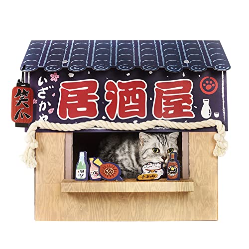 SMILE PAWS Cardboard Cat House with Scratcher, Cat Condo, Bed, Toys, Cat Izakaya Bar Scratcher house for Outdoor/Indoor Cats, Cat Play House & Home Décor, Easy to Assemble for Cats Bunny Small Animals