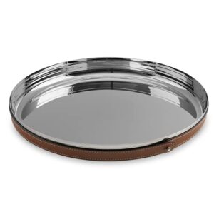 nambe tahoe bar tray | stainless steel organizing tray with raised edges and leather accent | decorative round metal serving tray | 13-in removable leather accent