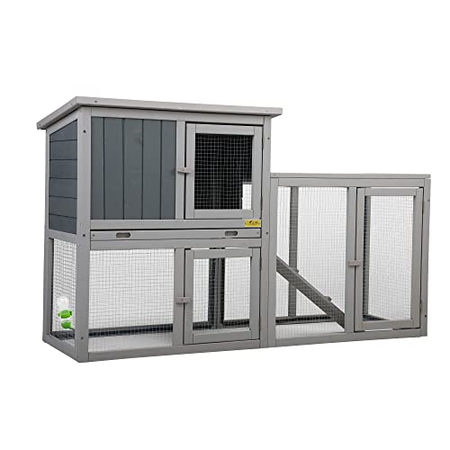 COZIWOW Indoor/Outdoor Rabbit Hutch, 2 Story Wooden Pet Bunny House Wooden Cage with Water Bottle,Ventilation Gridding Fence, Cleaning Tray, for Small Animals, Grey