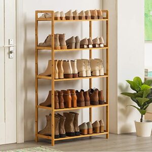 5 tier shoe rack, adjustable boot rack shelf, wood boots rack for women, bamboo shoe rack for adult, shoes organizer for entryway, design yourself, 16-20 pairs, easy installation, 50"h x 10"w x 27"l