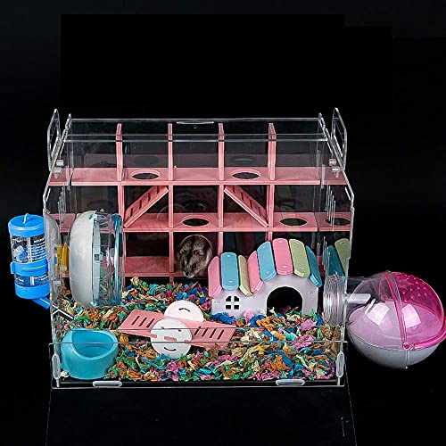 Nynelly Hamster Cage,Transparent Durable Small Animal Cage and Habitats House,Include Hamster Maze,Exercise Wheel, Water Bottle, Hamster Hideout, Food Bowl,Pink,13" L x 11.4" W x 11.4" H