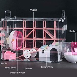 Nynelly Hamster Cage,Transparent Durable Small Animal Cage and Habitats House,Include Hamster Maze,Exercise Wheel, Water Bottle, Hamster Hideout, Food Bowl,Pink,13" L x 11.4" W x 11.4" H