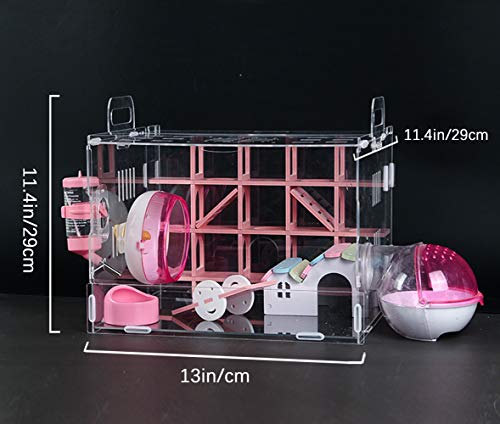 Nynelly Hamster Cage,Transparent Durable Small Animal Cage and Habitats House,Include Hamster Maze,Exercise Wheel, Water Bottle, Hamster Hideout, Food Bowl,Pink,13" L x 11.4" W x 11.4" H