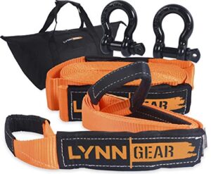lynn gear - 2pk tow & recovery strap (32,000+ lb break strength) & d ring shackle combo kit | (1) 10' strap, (1) 30' strap, (2) shackles & hd tote | vehicle hauling, offroad, pickups & trucks - orange