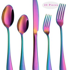 Rainbow Flatware Cutlery Silverware Set 20 Pieces, Stainless Steel Colorful Utensils, Tableware Set Service for 4, Include Knife/Fork/Spoon, Reusable, Mirror Polished, Dishwasher Safe