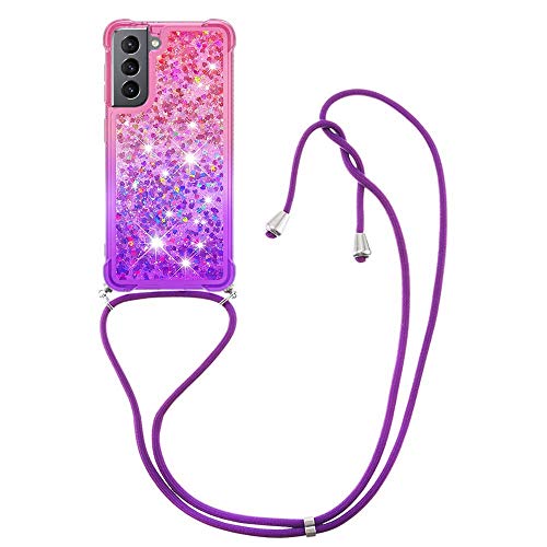 CCSmall Samsung Galaxy S21 Plus Case with Strap Crossbody,Gradient Quicksand Bling Sparkle Flowing Liquid Floating with Neck Cord Lanyard Strap Cover Case for Samsung Galaxy S21 Plus Pink Mauve LSGS