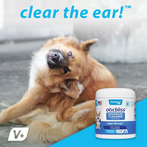 VETNIQUE LABS Oticbliss Ear Cleaner Wipes/Flushes for Dogs & Cats with Odor Control and Itch Relief Reduces Head Shaking - Clear The Ear (Ear Cleaning Wipes, Advanced Cleaning Small)