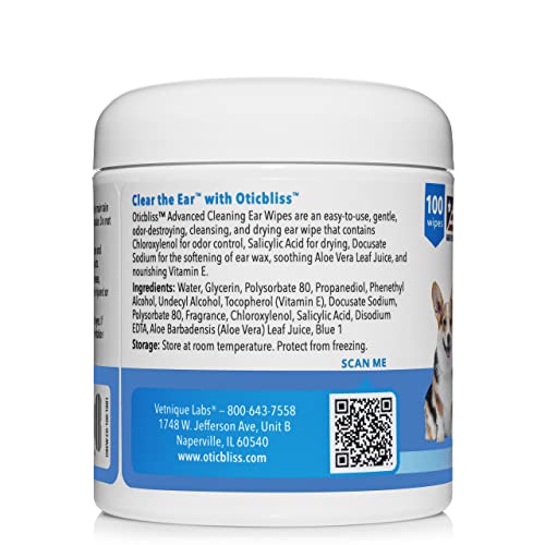 VETNIQUE LABS Oticbliss Ear Cleaner Wipes/Flushes for Dogs & Cats with Odor Control and Itch Relief Reduces Head Shaking - Clear The Ear (Ear Cleaning Wipes, Advanced Cleaning Small)