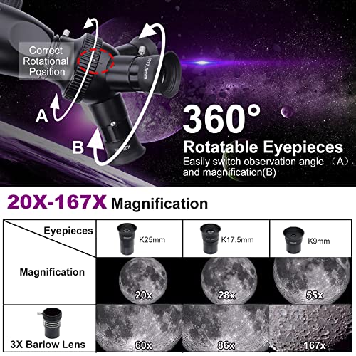 Telescope for Astronomy Beginners, 20-167X HD Telescope for Kids Adults, Rotable Lens, 60mm Aperture 500mm AZ Mount, with Carry Bag, Phone Adapter, Ajustable Tripod