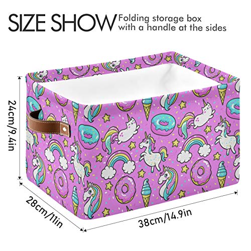 Mazeann Donuts Rainbow Unicorn Storage Basket Bin Collapsible Foldable for Clothes Toys Storage Cabinets Solid PE Waterproof Fabric Storage Box PU Leather Handle 15 x 11 x 9.5 inches 2PCS