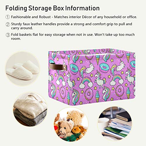 Mazeann Donuts Rainbow Unicorn Storage Basket Bin Collapsible Foldable for Clothes Toys Storage Cabinets Solid PE Waterproof Fabric Storage Box PU Leather Handle 15 x 11 x 9.5 inches 2PCS