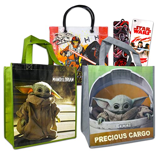 Disney Mandalorian Bag Set Bundle ~ 3 Pack Star Wars Reusable Tote Bags Featuring Baby Yoda, BB-8, Kylo Ren and More With Stickers! (Star Wars Reusable Bags)