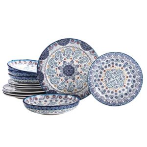 bico blue talavera ceramic 12 pcs dinnerware set, service for 4, inclusive of 11 inch dinner plates, 8.75 inch salad plates and 35oz dinner bowls, for party, microwave & dishwasher safe