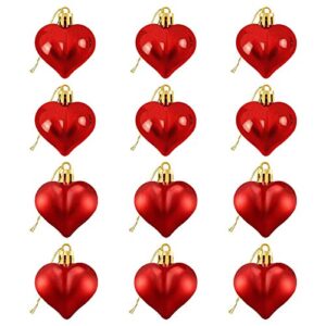 janemo 12 pcs heart shaped ornaments,glossy and matt heart baubles hanging decorations,use for valentines day decor, anniversary wedding,stage or birthday party decor,6 matte＋6 light,red