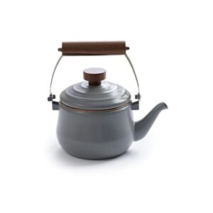 barebones enamel teapot - vintage inspired design - baked stainless steel rim - fsc certified natural walnut handle tea kettle - 1.5 liters, 6 cups (slate gray)