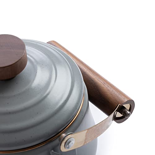 Barebones Enamel Teapot - Vintage Inspired Design - Baked Stainless Steel Rim - FSC Certified Natural Walnut handle Tea Kettle - 1.5 Liters, 6 Cups (Slate Gray)