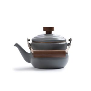 Barebones Enamel Teapot - Vintage Inspired Design - Baked Stainless Steel Rim - FSC Certified Natural Walnut handle Tea Kettle - 1.5 Liters, 6 Cups (Slate Gray)