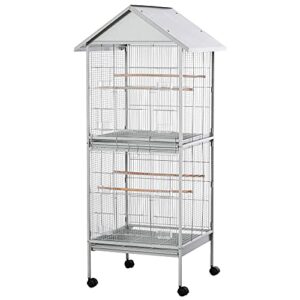 pawhut wrought metal bird cage feeder with rolling stand perches food containers doors wheels 67" h, white