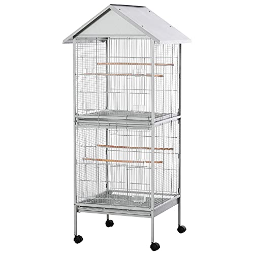 PawHut Wrought Metal Bird Cage Feeder with Rolling Stand Perches Food Containers Doors Wheels 67" H, White