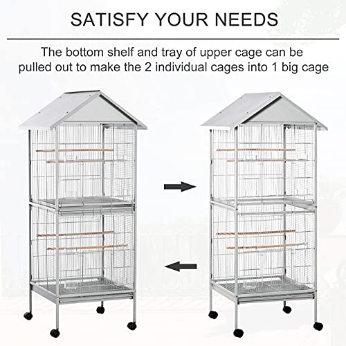 PawHut Wrought Metal Bird Cage Feeder with Rolling Stand Perches Food Containers Doors Wheels 67" H, White