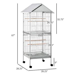 PawHut Wrought Metal Bird Cage Feeder with Rolling Stand Perches Food Containers Doors Wheels 67" H, White