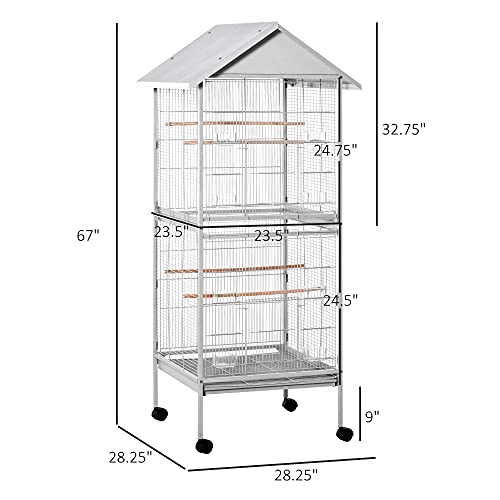 PawHut Wrought Metal Bird Cage Feeder with Rolling Stand Perches Food Containers Doors Wheels 67" H, White