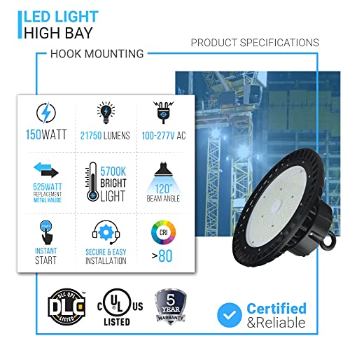 LEDMyplace UFO LED High Bay Light 150W 5700K Daylight White 21750lm IP65 1-10V Dimmable for Commercial Shop Light Factory Workshop Barn Warehouse Garage