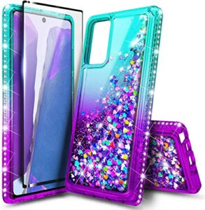 nznd case for samsung galaxy a02s with tempered glass screen protector (full coverage), sparkle glitter flowing liquid shiny bling diamond, women girls cute phone case (aqua/purple)