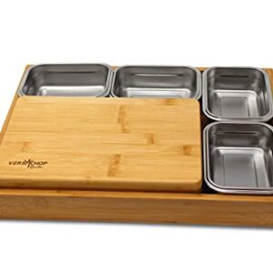 VERSACHOP Quattro - Totally natural organic bamboo cutting board with included stainless steel lunch boxes with airtight lids and serving tray. Perfect for meal prep, storage and organization.