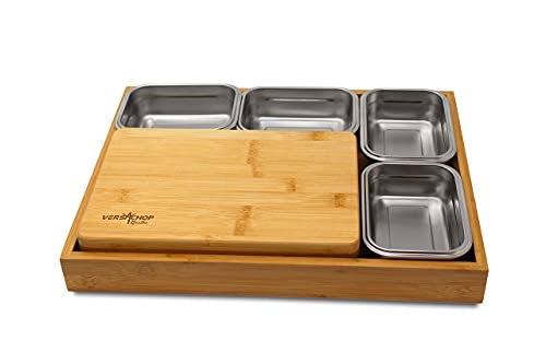 VERSACHOP Quattro - Totally natural organic bamboo cutting board with included stainless steel lunch boxes with airtight lids and serving tray. Perfect for meal prep, storage and organization.