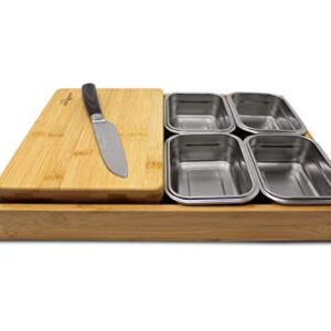 VERSACHOP Quattro - Totally natural organic bamboo cutting board with included stainless steel lunch boxes with airtight lids and serving tray. Perfect for meal prep, storage and organization.