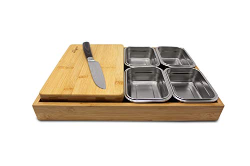 VERSACHOP Quattro - Totally natural organic bamboo cutting board with included stainless steel lunch boxes with airtight lids and serving tray. Perfect for meal prep, storage and organization.