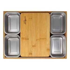 VERSACHOP Quattro - Totally natural organic bamboo cutting board with included stainless steel lunch boxes with airtight lids and serving tray. Perfect for meal prep, storage and organization.