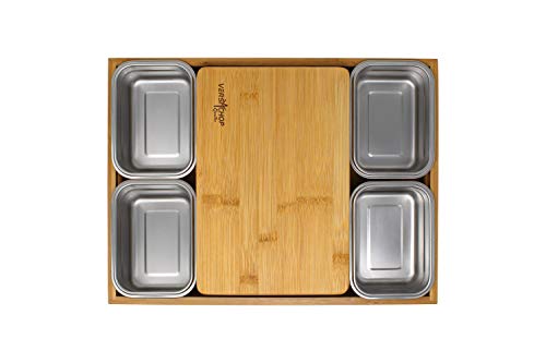 VERSACHOP Quattro - Totally natural organic bamboo cutting board with included stainless steel lunch boxes with airtight lids and serving tray. Perfect for meal prep, storage and organization.