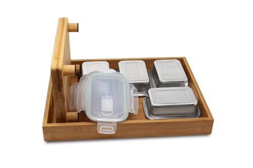 VERSACHOP Quattro - Totally natural organic bamboo cutting board with included stainless steel lunch boxes with airtight lids and serving tray. Perfect for meal prep, storage and organization.