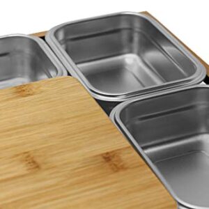 VERSACHOP Quattro - Totally natural organic bamboo cutting board with included stainless steel lunch boxes with airtight lids and serving tray. Perfect for meal prep, storage and organization.