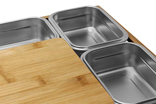 VERSACHOP Quattro - Totally natural organic bamboo cutting board with included stainless steel lunch boxes with airtight lids and serving tray. Perfect for meal prep, storage and organization.