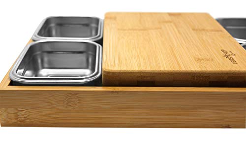 VERSACHOP Quattro - Totally natural organic bamboo cutting board with included stainless steel lunch boxes with airtight lids and serving tray. Perfect for meal prep, storage and organization.