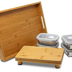 VERSACHOP Quattro - Totally natural organic bamboo cutting board with included stainless steel lunch boxes with airtight lids and serving tray. Perfect for meal prep, storage and organization.